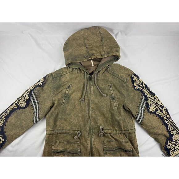Free People Golden Quills Green Military Parka Embroidered Jacket Rare XS - Picture 7 of 9